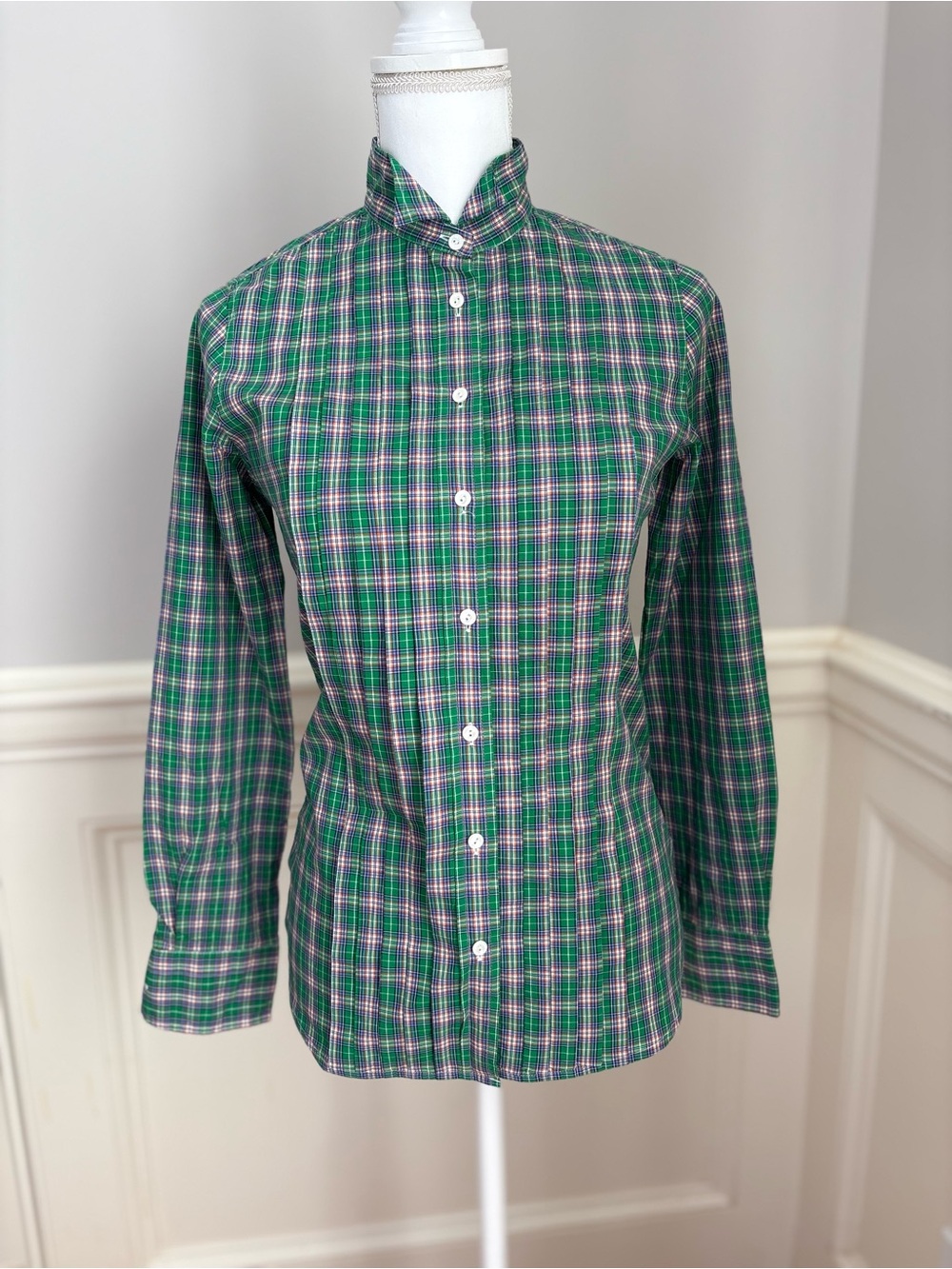 J. Crew Green Vintage Plaid Tartan Tuxedo Shirt Pleated Bib Front With Pink